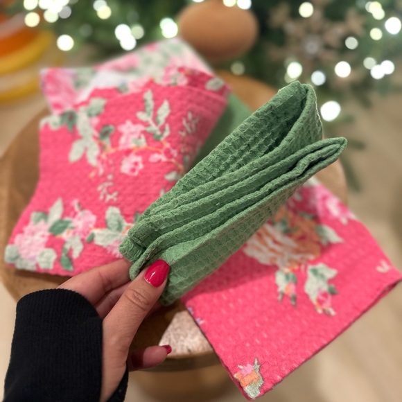 April Cornell spring floral kitchen towels 3 pack green pink cottage rose - Picture 6 of 8
